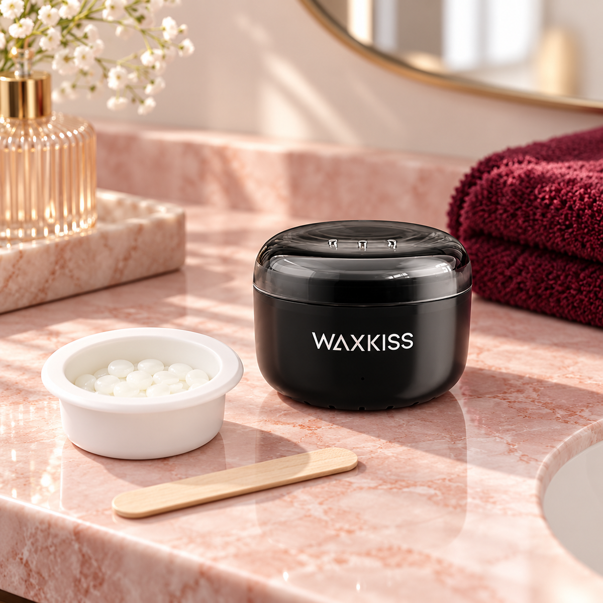 Mini wax warmer on a bathroom vanity